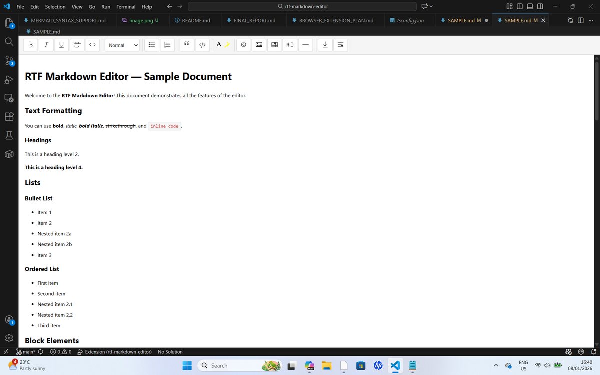 RTF Markdown Editor in VS Code